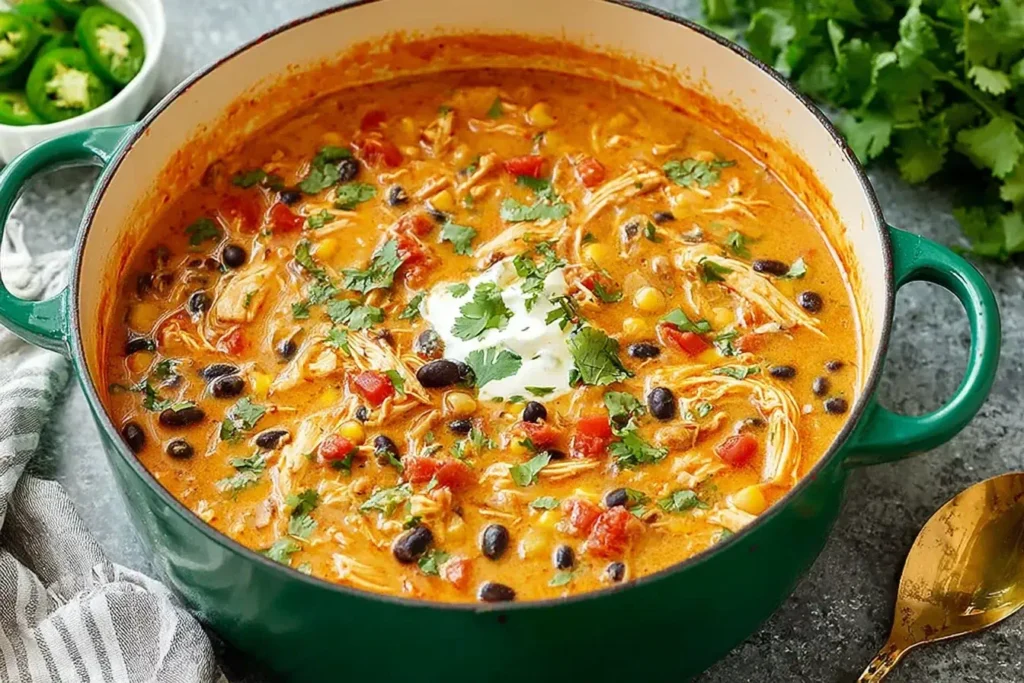 Creamy Chicken Enchilada Soup in a green pot with black beans, corn, tomatoes, and cilantro on top