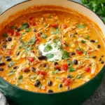 Creamy Chicken Enchilada Soup in a green pot with black beans, corn, tomatoes, and cilantro on top