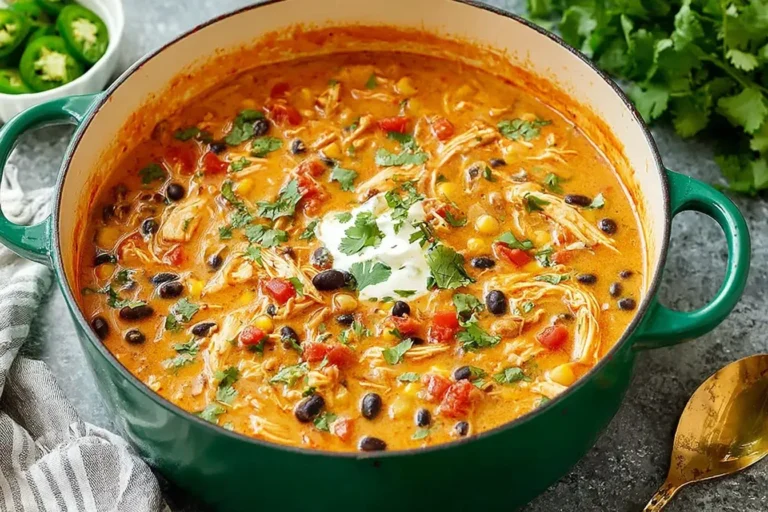 Creamy Chicken Enchilada Soup in a green pot with black beans, corn, tomatoes, and cilantro on top