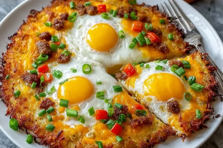 Breakfast Pizza Hash Brown Crust topped with crispy potatoes, melted cheddar cheese, sunny-side-up eggs, sausage, bell peppers, and green onions on a plate.