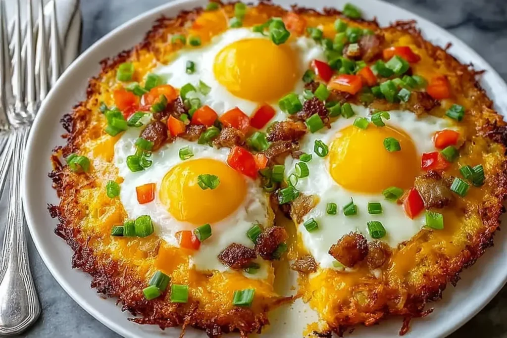 Breakfast Pizza Hash Brown Crust with a crispy golden potato base, melted cheddar cheese, baked eggs with runny yolks, sausage, red peppers, and green onions.
