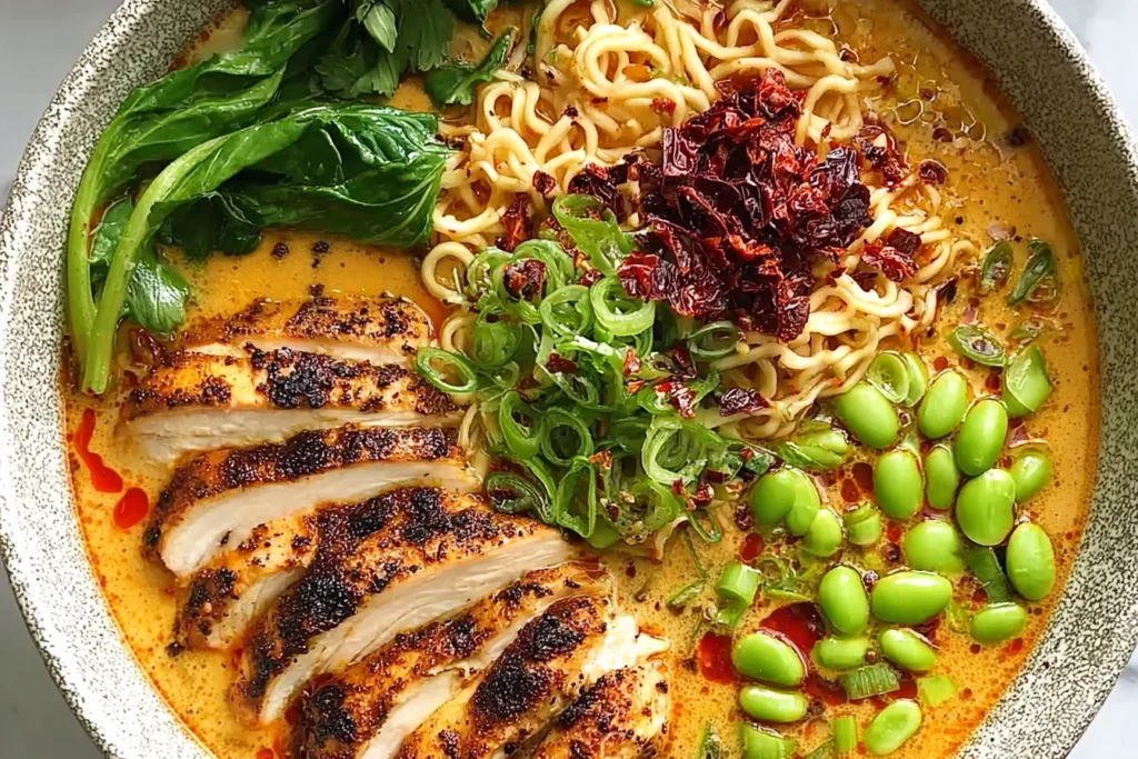 Creamy Marry Me Chicken Ramen topped with sliced seared chicken breast, ramen noodles, scallions, edamame, greens, and chili oil in a creamy broth.