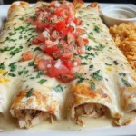 Queso Chicken Enchiladas topped with melted queso, fresh pico de gallo, and herbs, served with Mexican rice and creamy sauce on a white plate