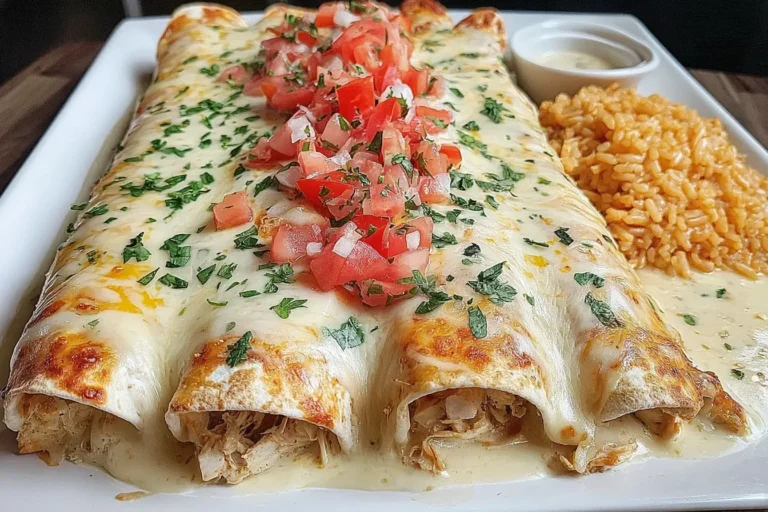 Queso Chicken Enchiladas topped with melted queso, fresh pico de gallo, and herbs, served with Mexican rice and creamy sauce on a white plate
