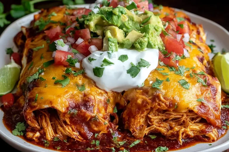 Shredded Chicken Enchilada Casserole topped with melted cheddar, sour cream, guacamole, pico de gallo, and cilantro on a plate with lime wedges.