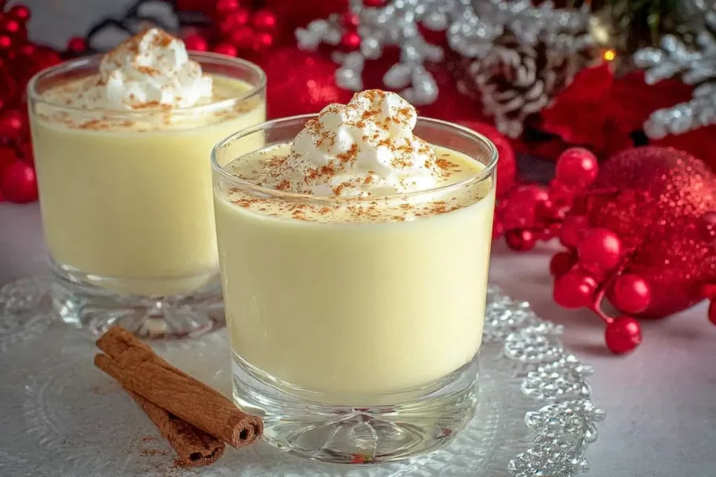 Homemade Eggnog served in festive glasses topped with whipped cream and cinnamon beside holiday decorations.