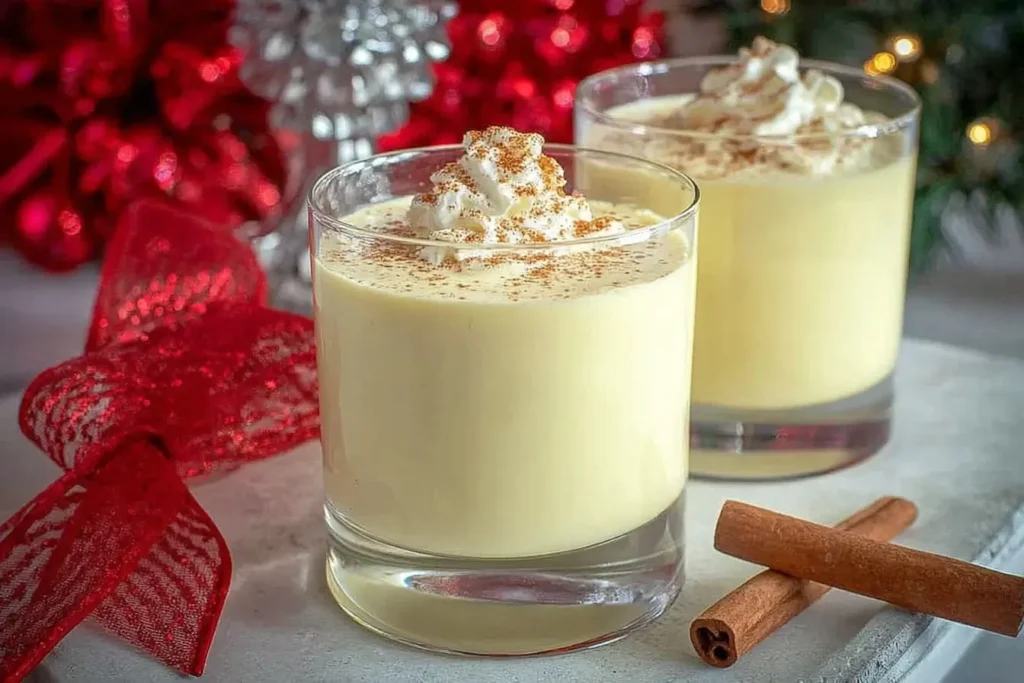 Homemade Eggnog in glass cups topped with whipped cream and cinnamon surrounded by holiday decorations.