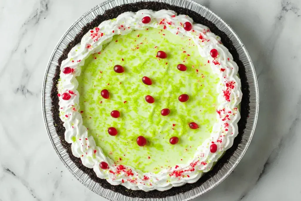 No Bake Grinch Pie topped with green sugar and red heart candies in an Oreo crust
