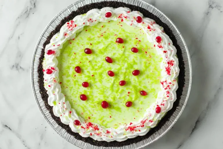 No Bake Grinch Pie topped with green sugar and red heart candies in an Oreo crust