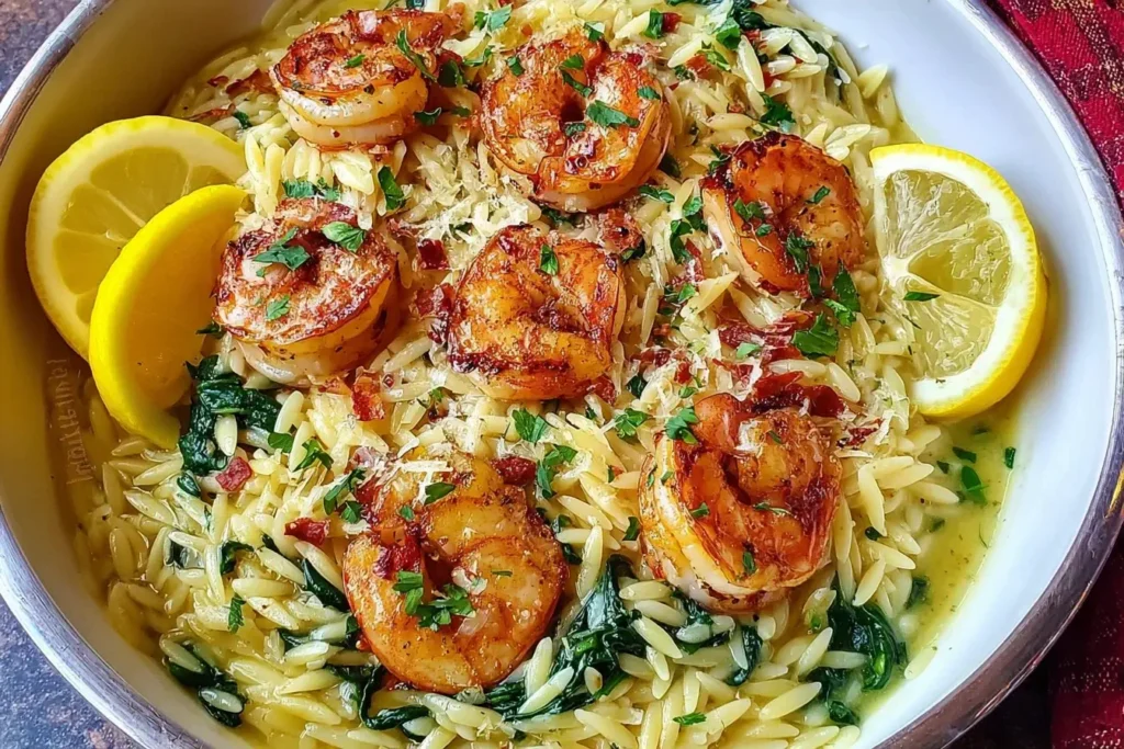 Shrimp Orzo in Lemon Garlic Sauce served with seared shrimp, creamy orzo, spinach, Parmesan, and fresh lemon slices in a white bowl.