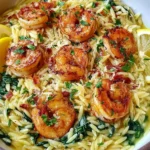 Shrimp Orzo in Lemon Garlic Sauce served with seared shrimp, creamy orzo, spinach, Parmesan, and fresh lemon slices in a white bowl.