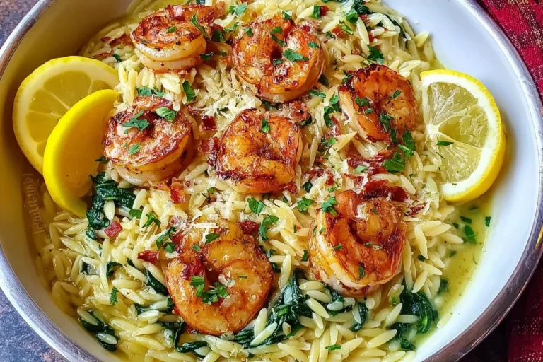 Shrimp Orzo in Lemon Garlic Sauce served with seared shrimp, creamy orzo, spinach, Parmesan, and fresh lemon slices in a white bowl.