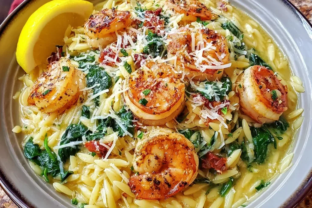 Shrimp Orzo in Lemon Garlic Sauce with seared shrimp, creamy orzo, spinach, and Parmesan served in a bowl with fresh lemon wedges.