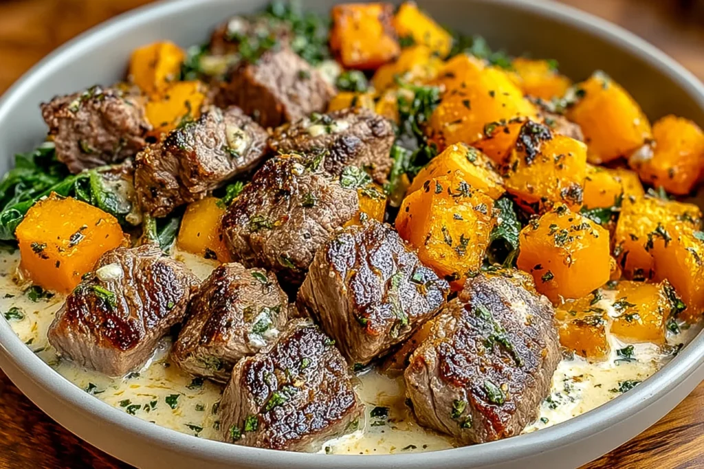 Butternut Squash and Garlic Herb Steak Bowls featuring seared steak bites, roasted butternut squash, creamy garlic herb sauce, and tender greens.
