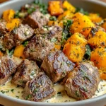 Butternut Squash and Garlic Herb Steak Bowls featuring seared steak bites, roasted butternut squash, creamy garlic herb sauce, and tender greens.