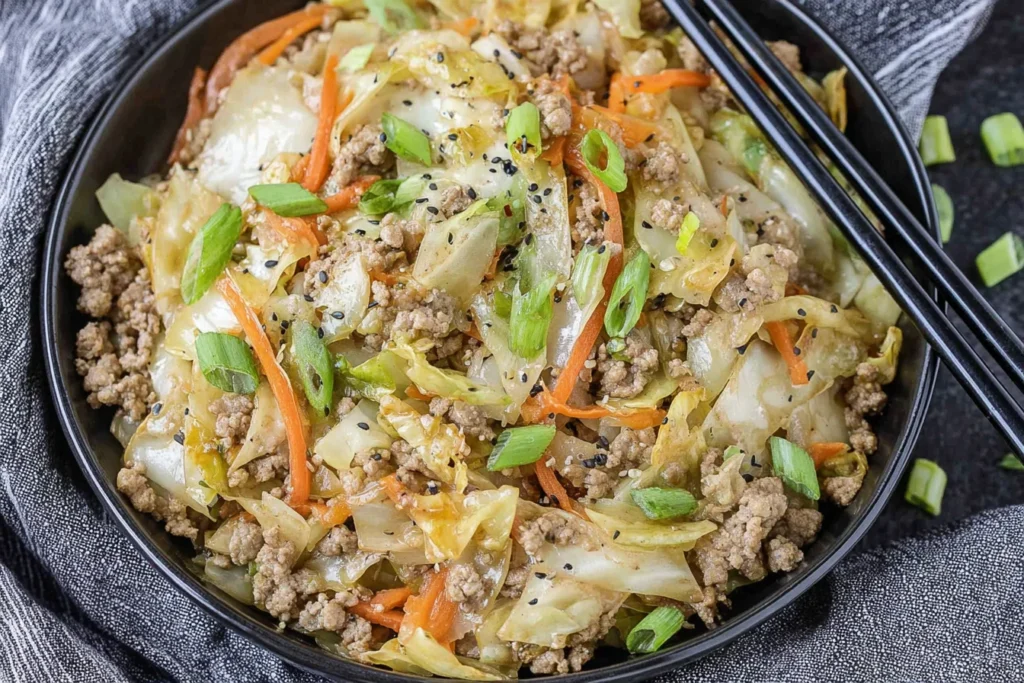 Egg Roll in a Bowl with ground turkey, sautéed cabbage, shredded carrots, green onions, and sesame seeds in a black bowl.
