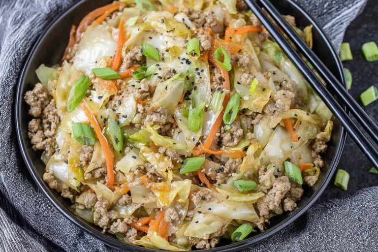 Egg Roll in a Bowl with ground turkey, sautéed cabbage, shredded carrots, green onions, and sesame seeds in a black bowl.