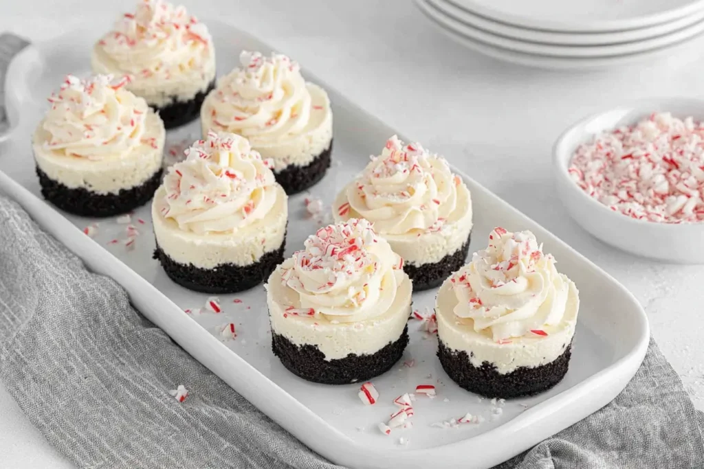 Peppermint Cheesecakes arranged on a white serving platter, topped with whipped cream and crushed candy canes over a chocolate Oreo crust