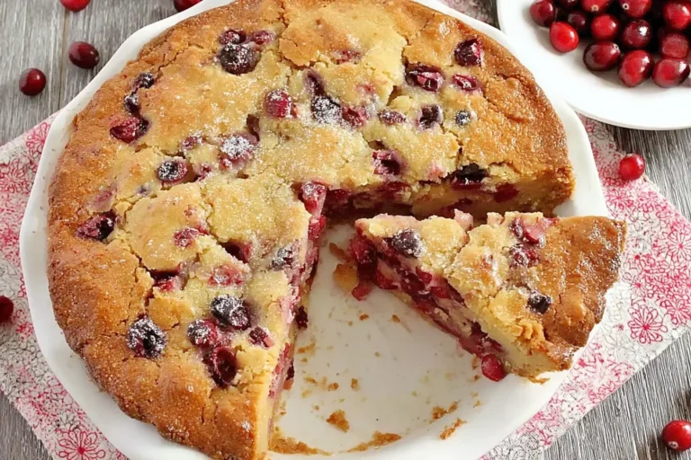 Whole Nantucket Holiday Cranberry Pie with a slice removed, showing a golden crust and juicy baked cranberries.
