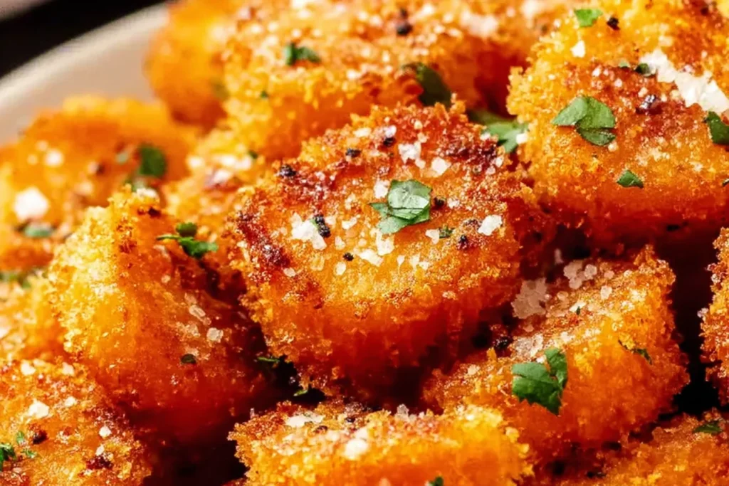 Close-up of Crispy Smashed Carrots with crunchy golden edges, flaky sea salt, and chopped herbs