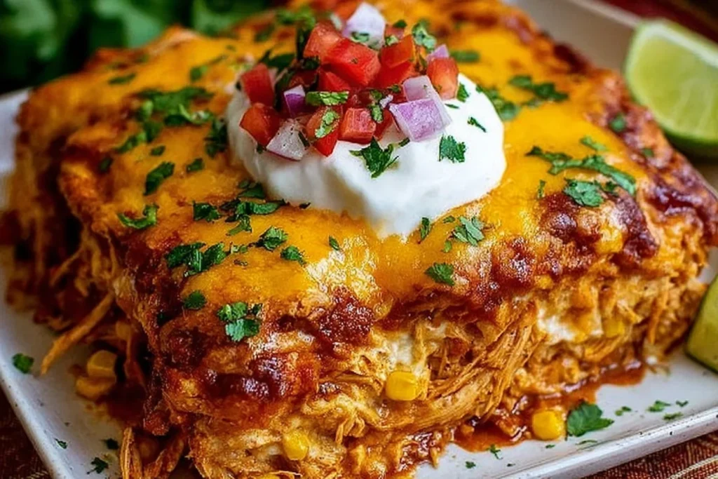 Shredded Chicken Enchilada Casserole slice with melted cheese, enchilada sauce, corn, and shredded chicken, topped with sour cream, pico de gallo, and cilantro.
