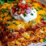 Shredded Chicken Enchilada Casserole slice with melted cheese, enchilada sauce, corn, and shredded chicken, topped with sour cream, pico de gallo, and cilantro.
