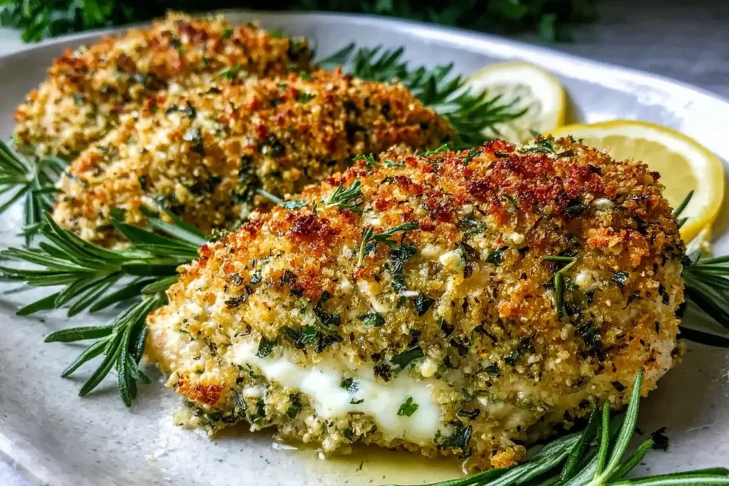 Herb Crusted Baked Boursin Chicken with a crispy golden herb coating and creamy melted Boursin cheese, garnished with fresh rosemary and lemon slices.