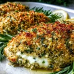 Herb Crusted Baked Boursin Chicken with a crispy golden herb coating and creamy melted Boursin cheese, garnished with fresh rosemary and lemon slices.