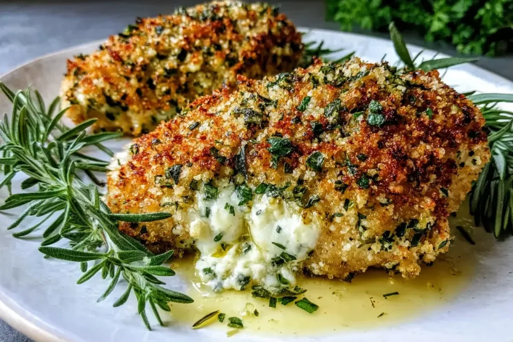 Herb Crusted Baked Boursin Chicken with a golden crunchy breadcrumb coating and creamy melted Boursin cheese filling on a plate with fresh rosemary.