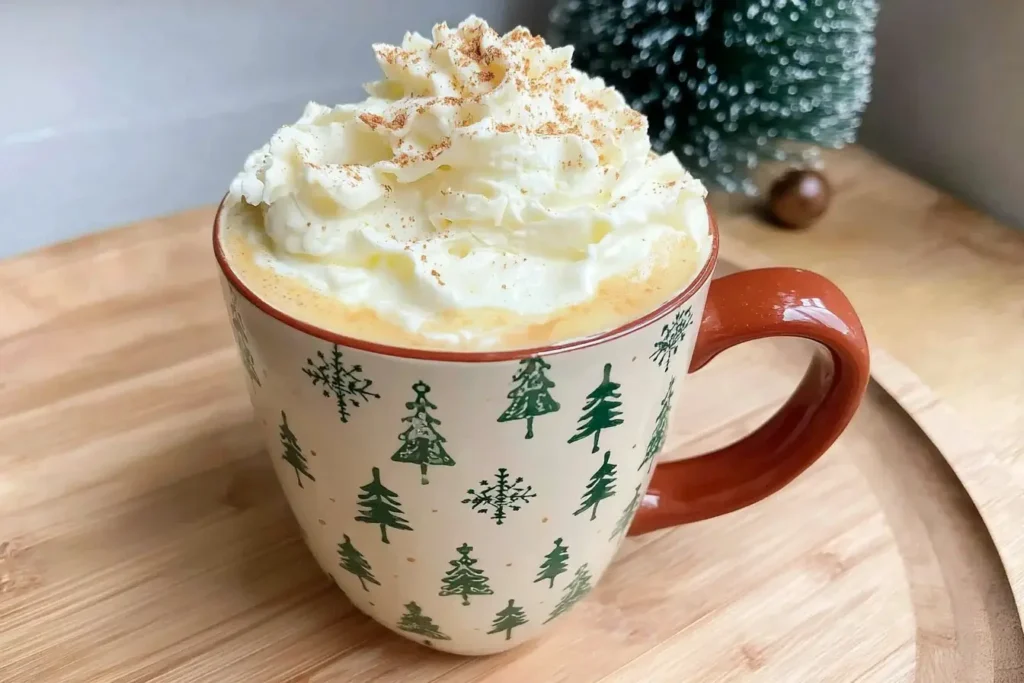 Christmas Chai Latte topped with fluffy whipped cream in a festive holiday mug on a wooden tray.