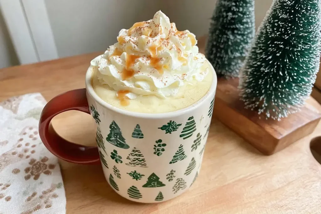 Christmas Chai Latte topped with whipped cream and caramel drizzle in a festive holiday mug.