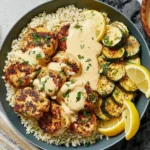 lemon Butter Chicken with Crispy Zucchini served over couscous with creamy lemon butter sauce and roasted zucchini slices