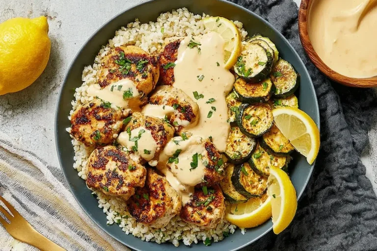 lemon Butter Chicken with Crispy Zucchini served over couscous with creamy lemon butter sauce and roasted zucchini slices
