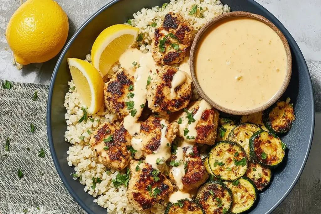 lemon Butter Chicken with Crispy Zucchini bowl with couscous, lemon wedges, and creamy lemon butter sauce