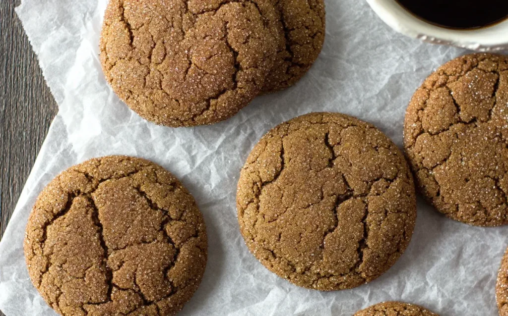 Overhead view of Gluten Free Gingerdoodle Cookies with crackled tops on parchment paper, lightly coated in cinnamon sugar
