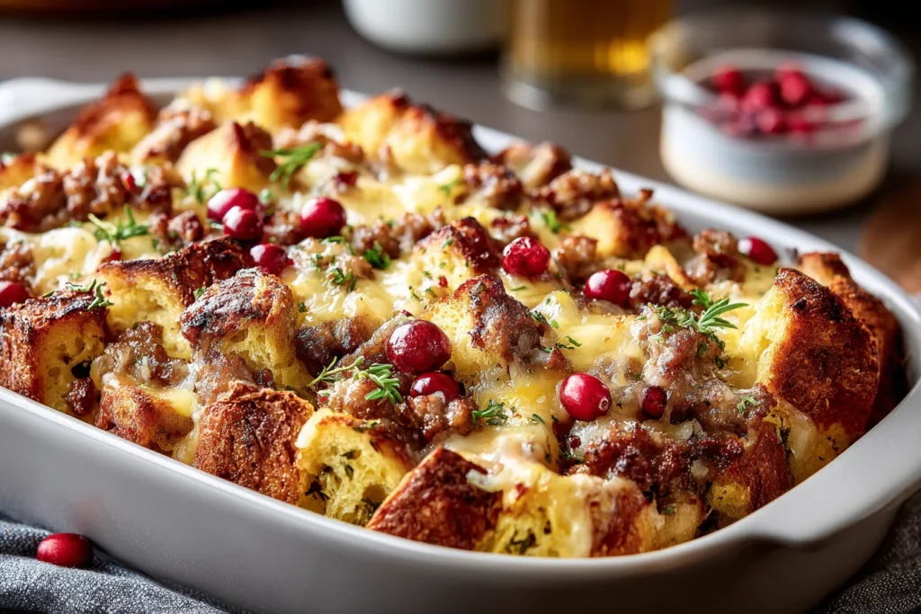 Cranberry Sausage & Stuffing Casserole baked golden with crispy stuffing cubes, savory sausage, melted cheese, and juicy cranberries in a white baking dish.