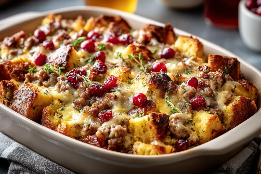 Cranberry Sausage & Stuffing Casserole baked until golden with savory sausage, toasted stuffing cubes, melted cheese, and sweet cranberries in a cozy casserole dish.