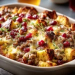 Cranberry Sausage & Stuffing Casserole baked until golden with savory sausage, toasted stuffing cubes, melted cheese, and sweet cranberries in a cozy casserole dish.