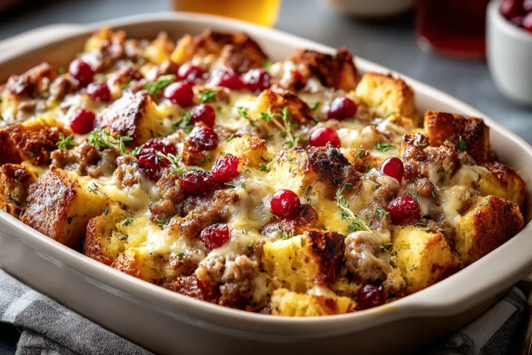 Cranberry Sausage & Stuffing Casserole baked until golden with savory sausage, toasted stuffing cubes, melted cheese, and sweet cranberries in a cozy casserole dish.