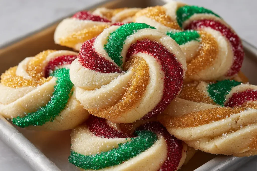 Twisted Christmas Cookies coated with red, green, and gold sugar, arranged closely on a baking tray for a festive holiday presentation.