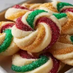 Twisted Christmas Cookies coated with red, green, and gold sugar, arranged closely on a baking tray for a festive holiday presentation.
