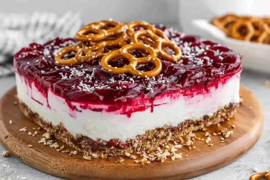 Cranberry Pretzel Salad dessert with pretzel crust, creamy middle layer, and glossy cranberry topping, garnished with whole pretzels on a wooden board.