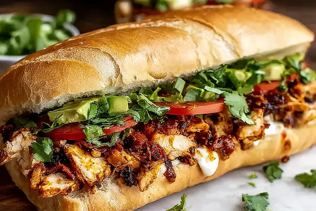 Chicken Torta Sandwich on a toasted bolillo roll with smoky chipotle chicken, avocado, tomato, cilantro, and creamy sauce
