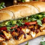 Chicken Torta Sandwich on a toasted bolillo roll with smoky chipotle chicken, avocado, tomato, cilantro, and creamy sauce