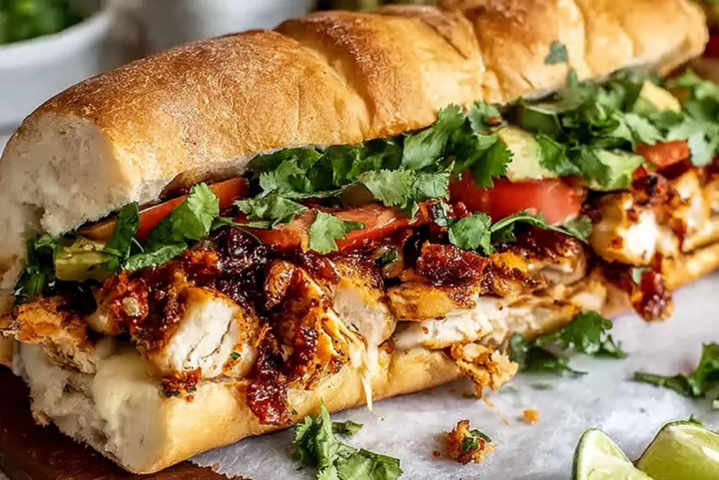 Chicken Torta Sandwich on a toasted bolillo roll with chipotle chicken, avocado, tomato, cilantro, and creamy spread