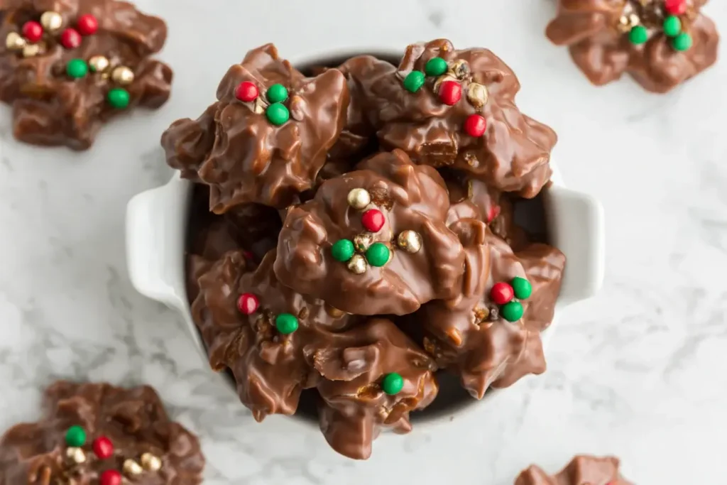 Chocolate clusters topped with festive sprinkles, showcasing homemade Crockpot Christmas Crack candy on a marble surface.