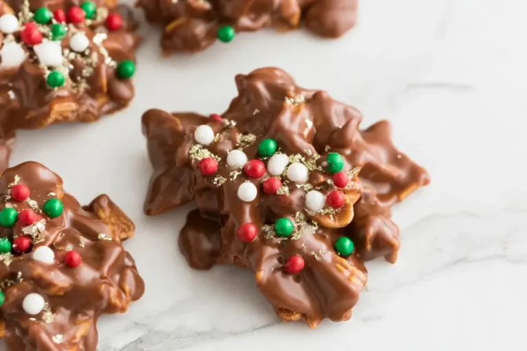 Close-up of Crockpot Christmas Crack clusters topped with festive red, green, and white sprinkles on a marble surface.