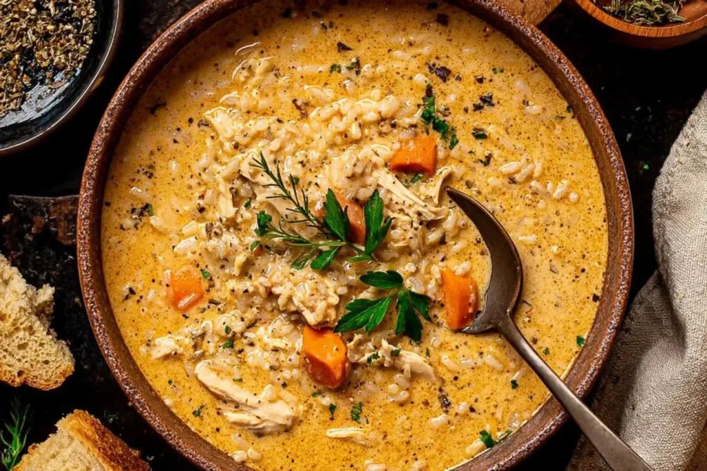 Creamy White Chicken and Rice Soup in a rustic bowl with tender shredded chicken, basmati rice, carrots, and fresh herbs, served with bread on the side.