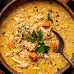Creamy White Chicken and Rice Soup in a rustic bowl with tender shredded chicken, basmati rice, carrots, and fresh herbs, served with bread on the side.