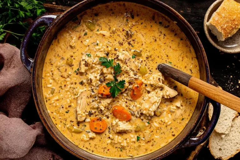 Creamy White Chicken and Rice Soup simmering in a rustic pot with shredded chicken, carrots, celery, and herbs, ready to serve with crusty bread.